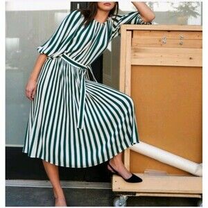 AYR Who’s She Midi Dress Green White Striped Regatta Puff Sleeve Belted Size S